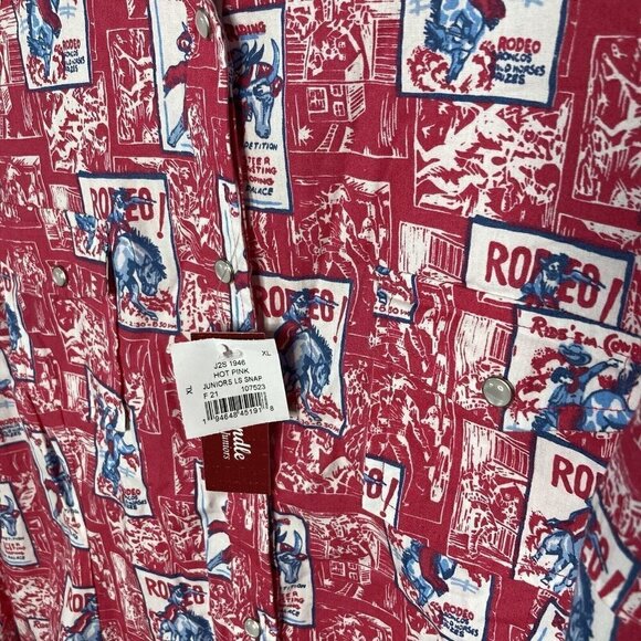 Panhandle NWT Jrs XL Hot Pink L/S Pearl Snap Pockets Rodeo Print Cotton Shirt - Picture 2 of 16